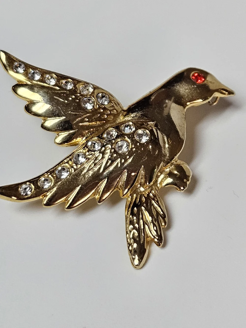 Gold Dove Brooch with Clear Crystals and Red Eye